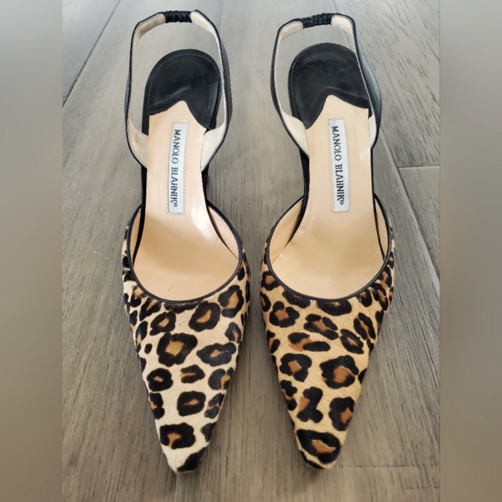 Manolo Blahnik Carolyne Leopard print Pony Hair Slingback Pumps
